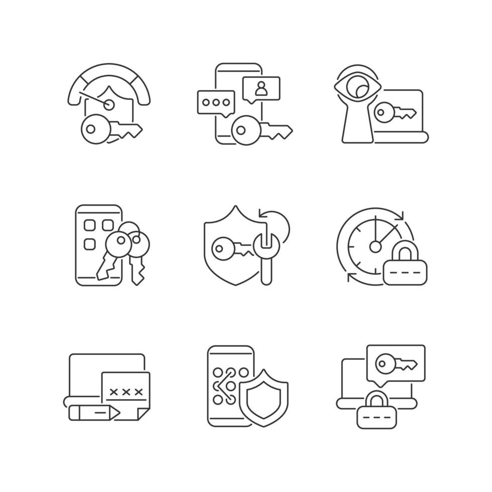 Passwortanforderungen lineare Symbole gesetzt. Internet Sicherheit. Sicherheit im Cyberspace. Passwortverwaltung. anpassbare Kontursymbole für dünne Linien. isolierte Vektor-Umriss-Illustrationen. bearbeitbarer Strich vektor