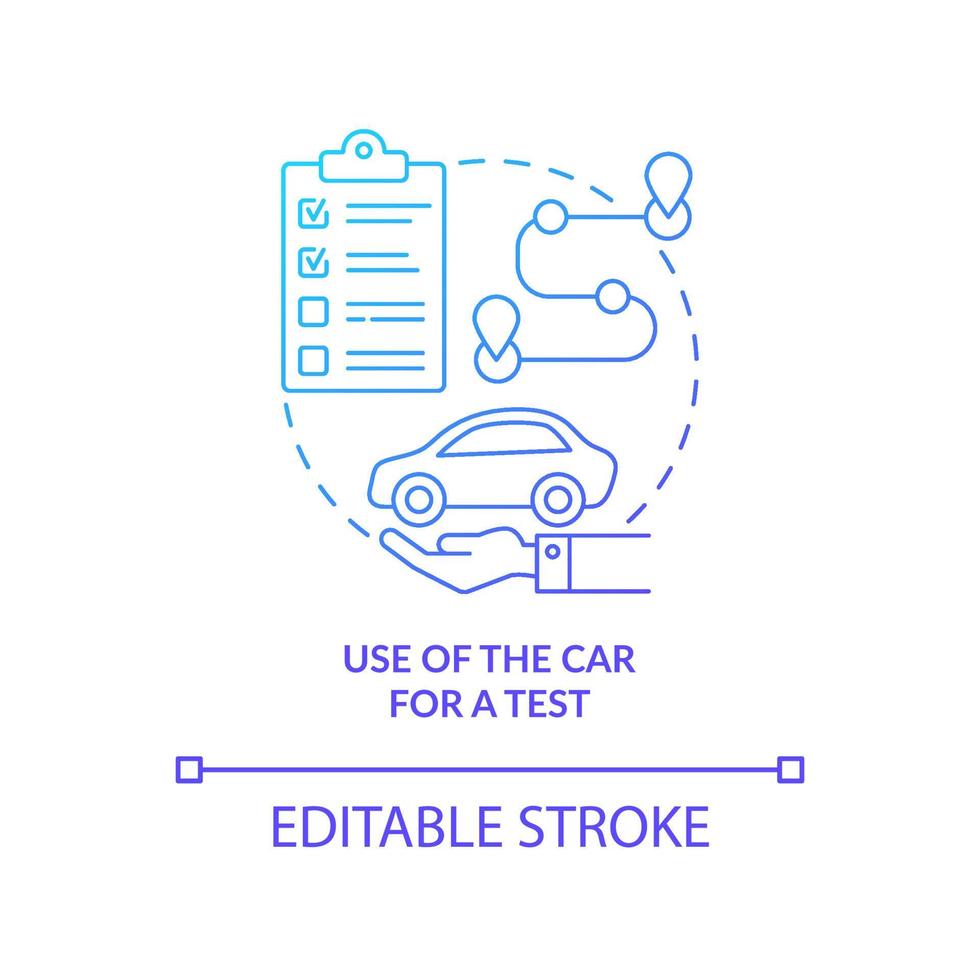 Nutzung des Autos zum Testen des blauen Gradientenkonzeptsymbols. Straßenprüfungsdienst abstrakte Idee dünne Linie Abbildung. Fahrschule. Autofahren Kurs. Vektor isolierte Umriss-Farbzeichnung