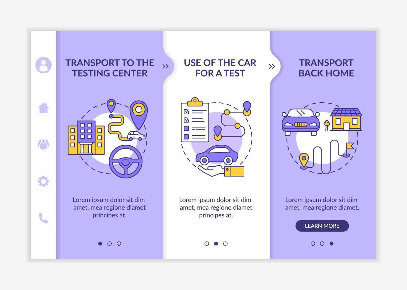 Onboarding-Vektorvorlage für Straßenprüfungsdienste. Responsive mobile Website mit Symbolen. Webseiten-Walkthrough-Bildschirme in 3 Schritten. Fahrschule bietet Farbkonzept mit linearen Illustrationen vektor