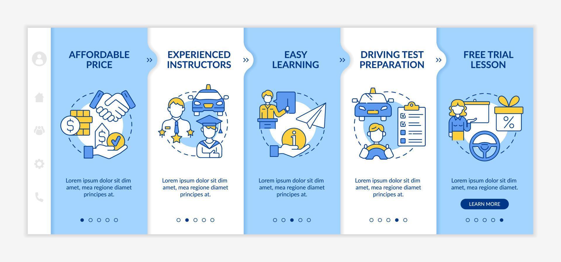 körskola fördelar onboarding vektor mall. responsiv mobilwebbplats med ikoner. webbsida genomgång 5 steg skärmar. förarutbildning fördelar färgkoncept med linjära illustrationer