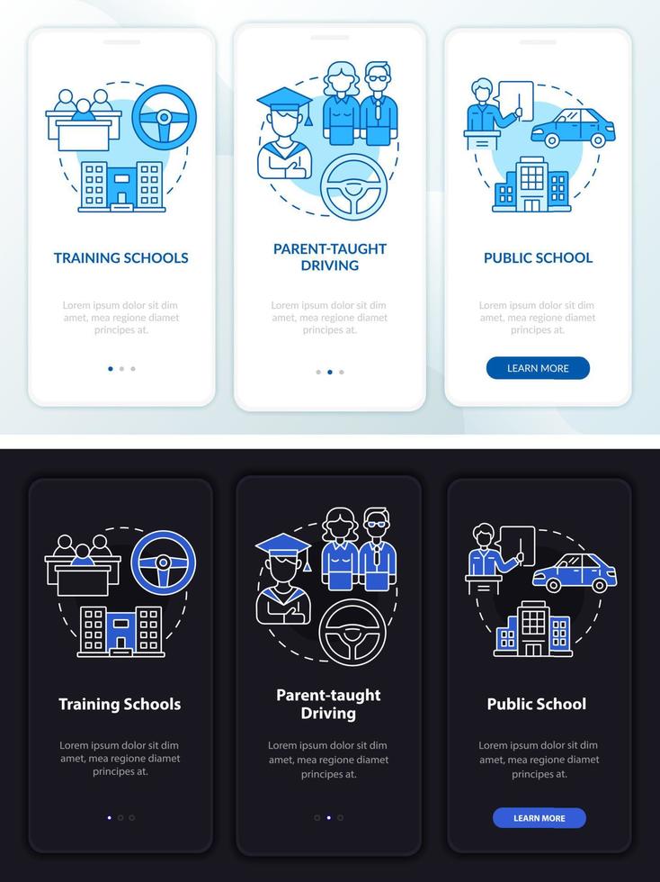 tonåringar förarutbildning mörk, ljus onboarding mobil app sidskärm. genomgång 3 steg grafiska instruktioner med koncept. ui, ux, gui vektormall med linjära natt- och daglägesillustrationer vektor