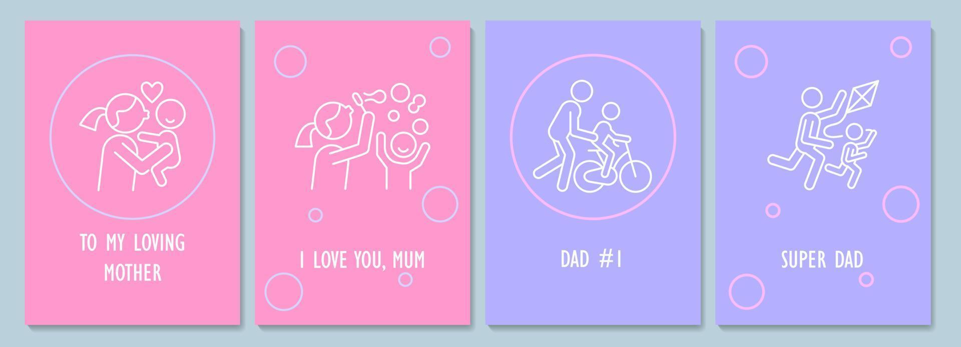 Mutter- und Vatertagspostkarte mit linearem Glyphen-Icon-Set. Grußkarte mit dekorativem Vektordesign. Einfaches Poster mit kreativer Lineart-Illustration. Flyer mit Urlaubswunschpaket vektor