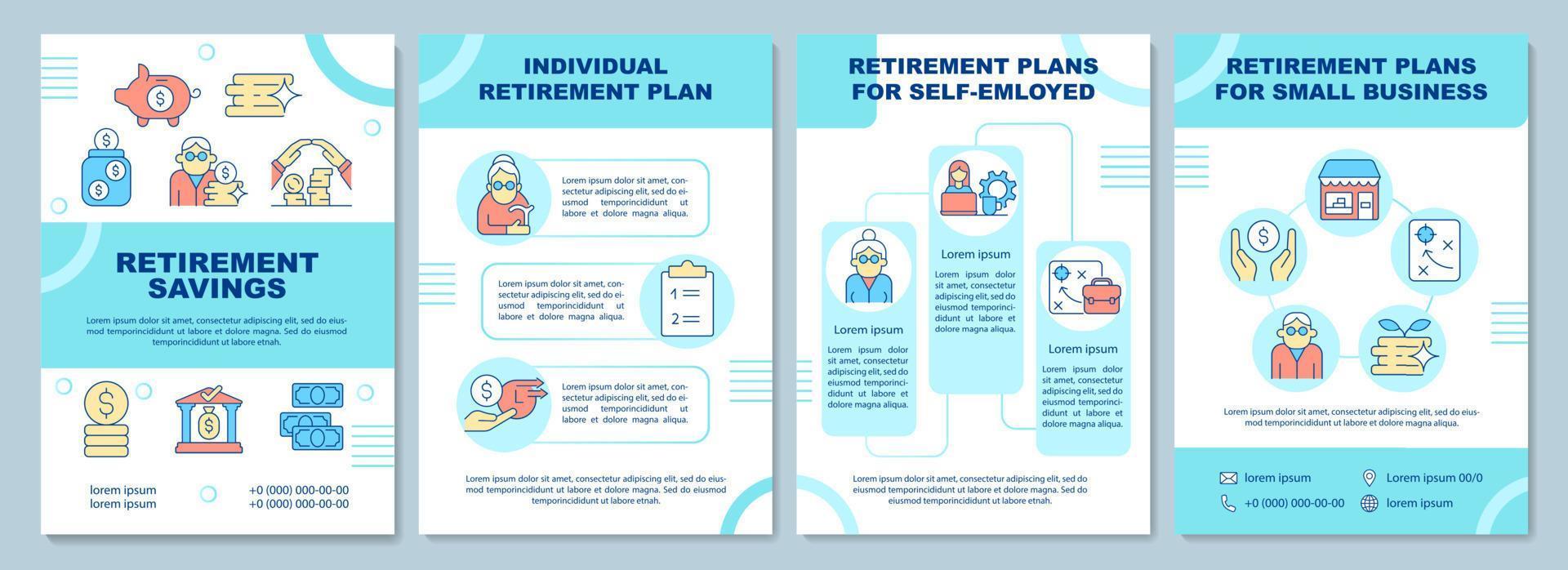 mall för broschyr för pensionssparplaner. olika sparalternativ. flygblad, häfte, broschyrtryck, omslagsdesign med linjära ikoner. vektorlayouter för presentation, årsredovisningar, annonssidor vektor