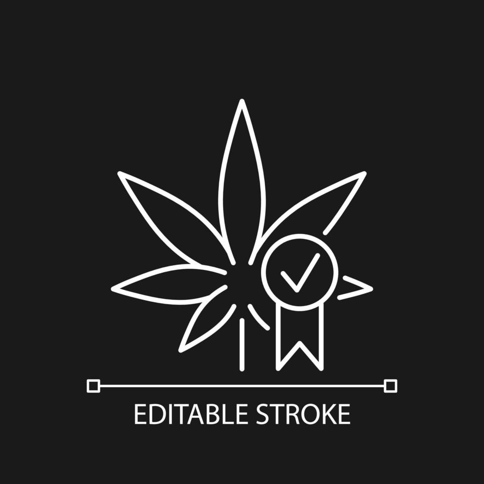 Cannabis-Qualitätskontrolle weißes lineares Symbol für dunkles Thema. Produktbewertung von medizinischem Marihuana. dünne Linie anpassbare Illustration. isoliertes Vektorkontursymbol für den Nachtmodus. bearbeitbarer Strich vektor