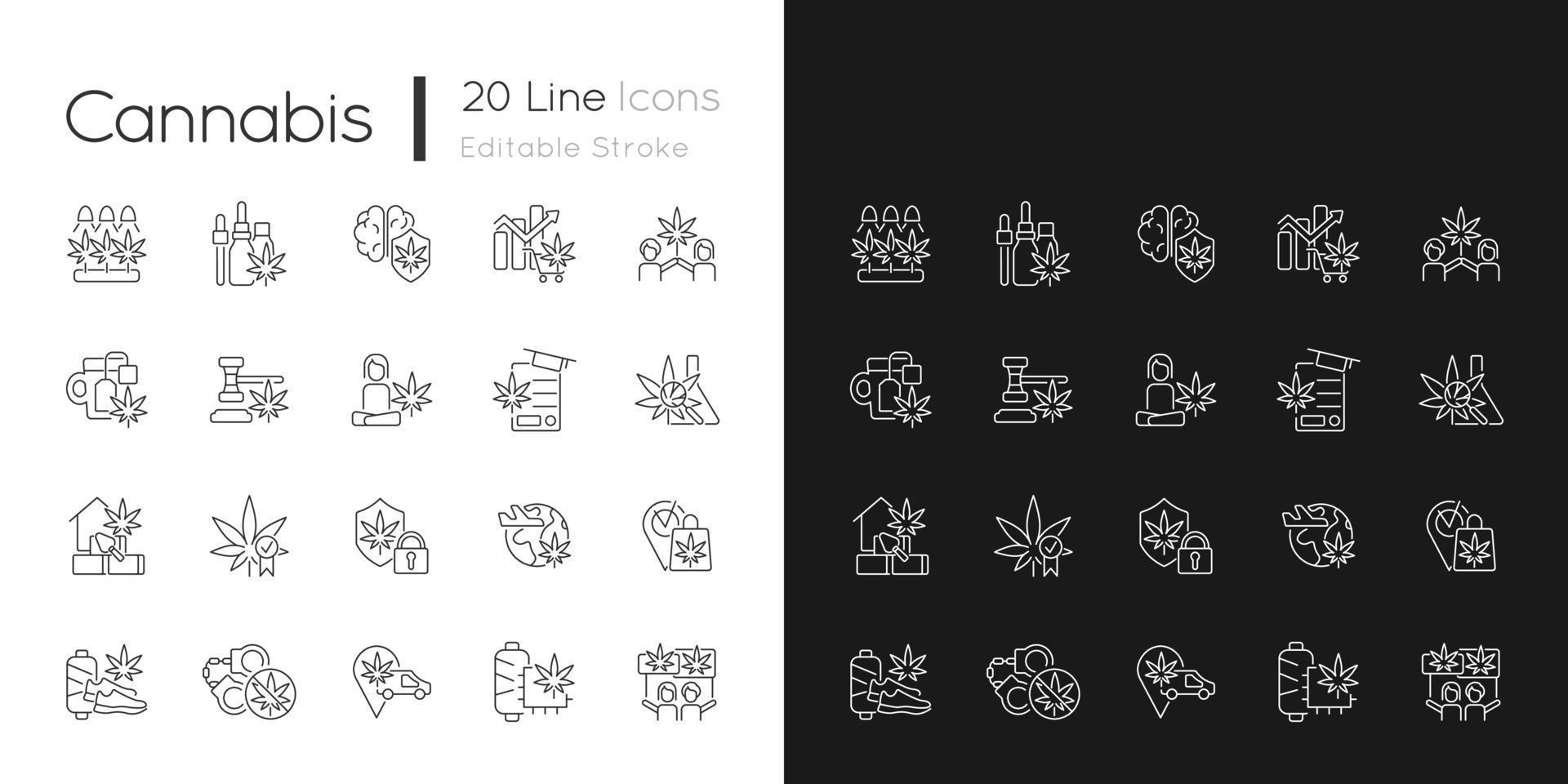 cannabis i vardagen linjära ikoner inställda för mörkt och ljust läge. marijuanaodling. legalisera världen över. anpassningsbara symboler för tunna linjer. isolerade vektor kontur illustrationer. redigerbar linje