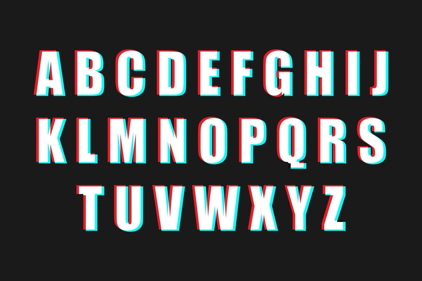 Satz Alphabetbuchstaben auf schwarzem Hintergrund. 3D-Effekt-Schriftart. rotes blaues Zeichen. vektor