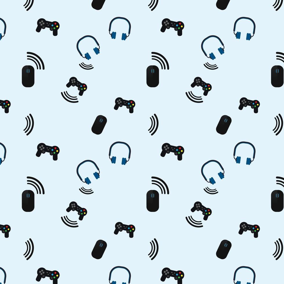 Spielmuster auf blauem Hintergrund mit Objekten wie einem Controller oder Joystick, einer Maus und einem Headset oder Kopfhörer. Internetverbindung, Ton, Audio. Textil, Wrap, Tapete, Hintergrund. vektor