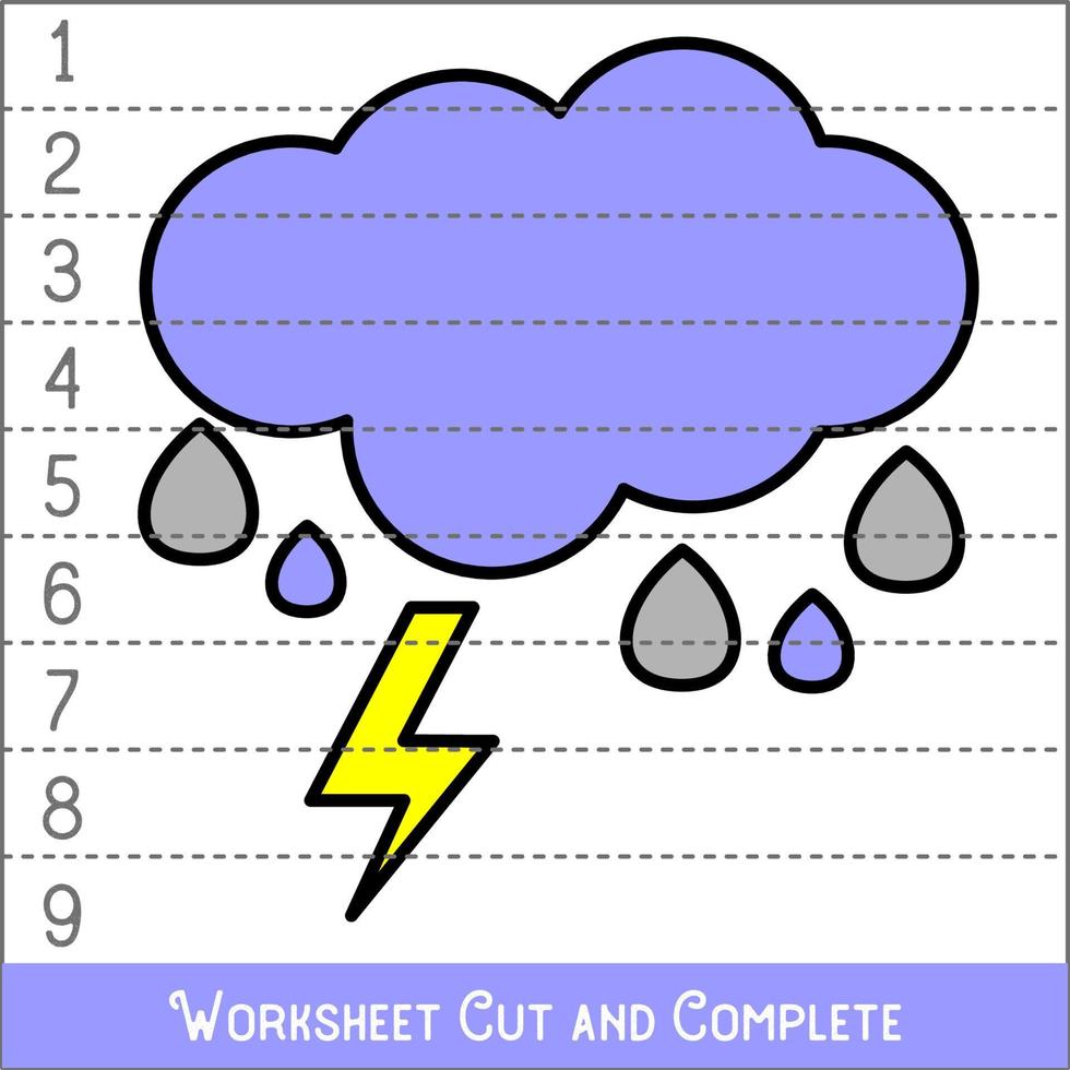 Arbeitsblatt. Spiel für Kinder, Kinder. mathematische Rätsel. ausschneiden und fertig. Mathematik lernen. Regen. vektor