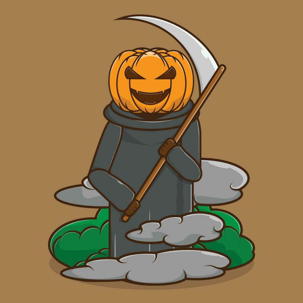 Vektor-Illustration des gruseligen Jack-o-Laternen-Symbols, das während der nebligen Zeit eine Sense trägt. die verhüllte Jack-o-Laterne. Premium-Symbol beängstigend Halloween-Charakter-Konzept. flacher Cartoon-Stil vektor