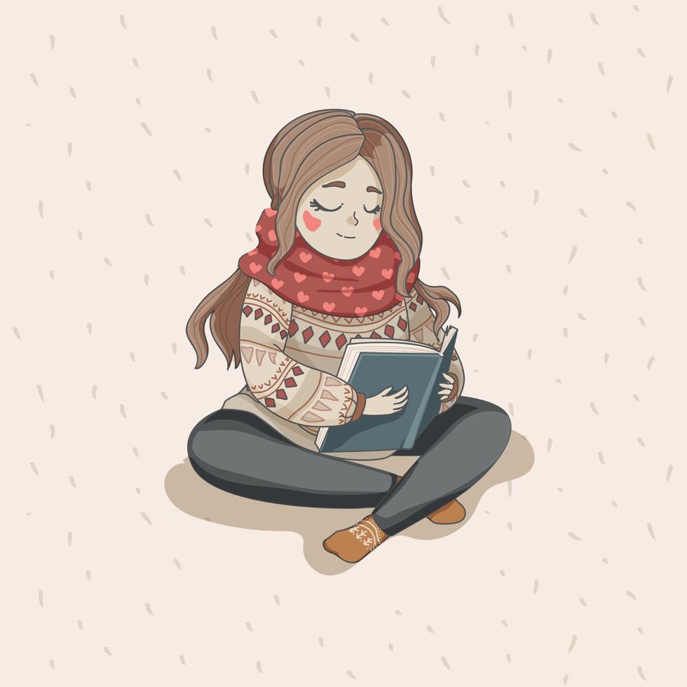 söt tjej i stickad tröja och röd halsduk som sitter och läser en bok. vinterscarf och varm tröja med ornament vektor