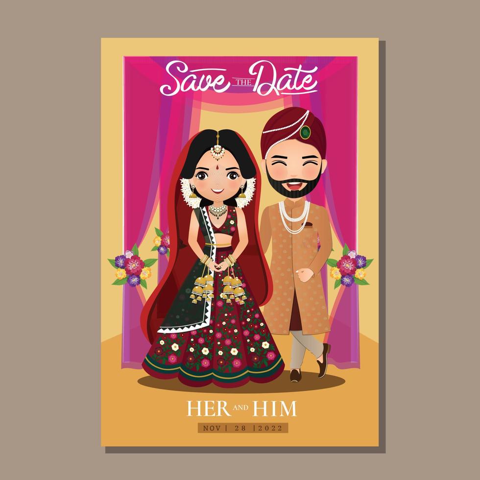 bröllopsinbjudningskort bruden och brudgummen söta paret i traditionell indisk klänning seriefigur. vektor illustration
