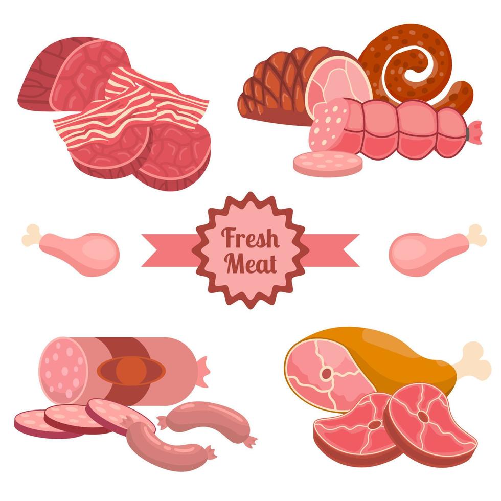 Cartoon-Frischfleischprodukte-Kompositionen im flachen Stil. Hühnchen und Speck, Steak und Würstchen, Krakauer Würstchen und Schinken, Filet. Fleisch und Zutaten. vektor