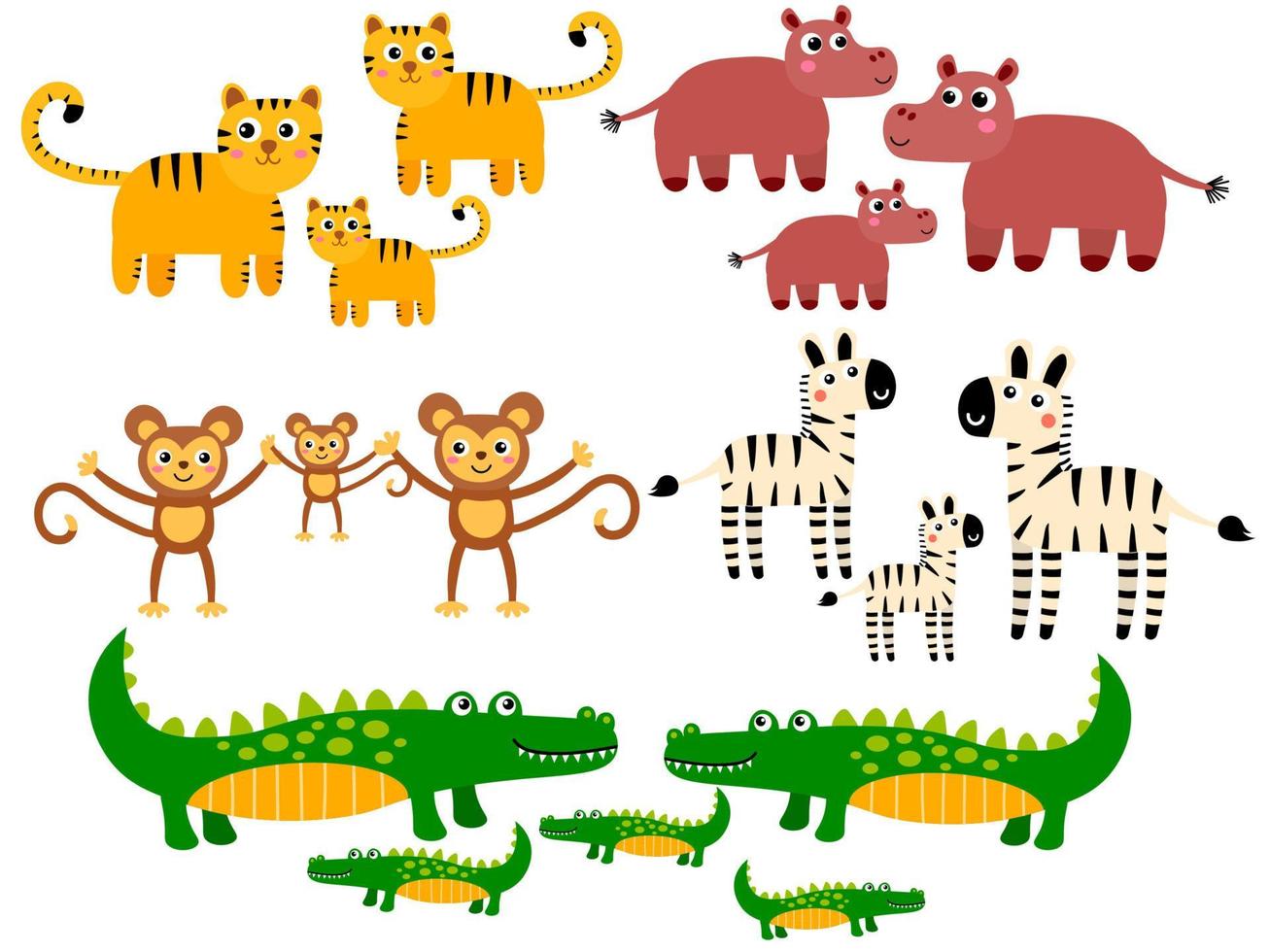 söt tiger och flodhäst, apa och zebra, krokodilfamiljer. tecknade afrikanska vilda djur i barnslig platt stil isolerad på vit bakgrund vektor