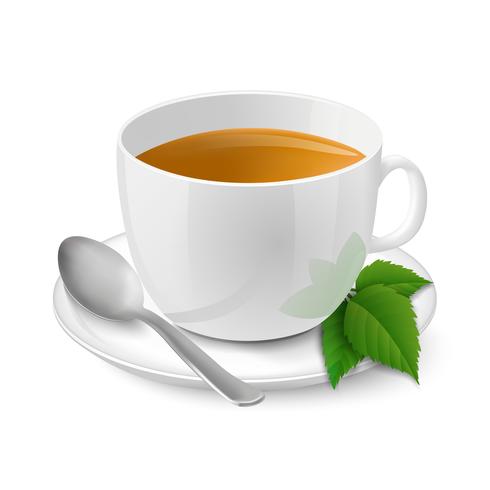 Realistische weiße Tasse mit schwarzem Tee und Minze vektor