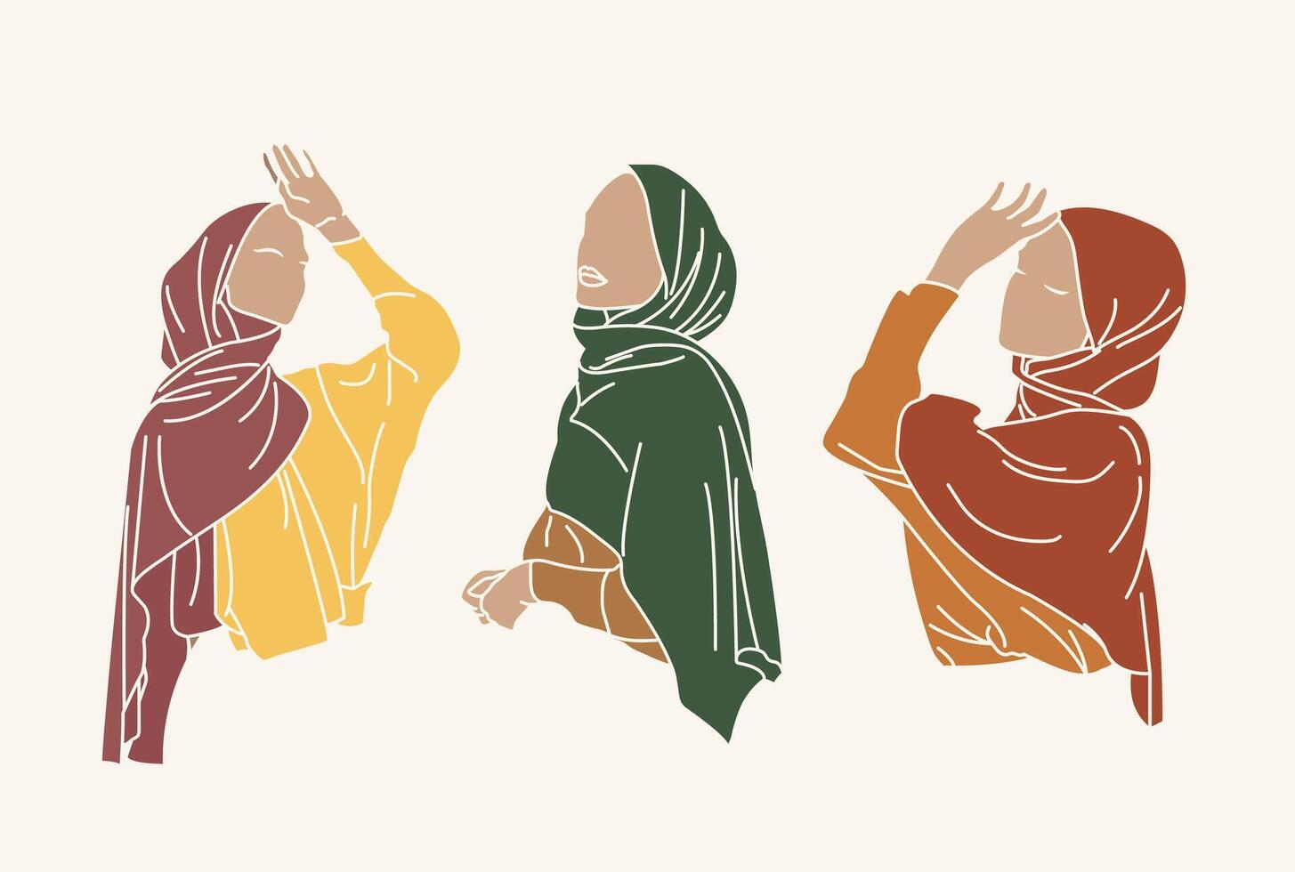 Muslim oder Arabisch gesichtslos Stylist modern Frauen im traditionell Hijab Mode abstrakt Hand gezeichnet Kunst und Illustration isoliert auf Weiß Hintergrund vektor