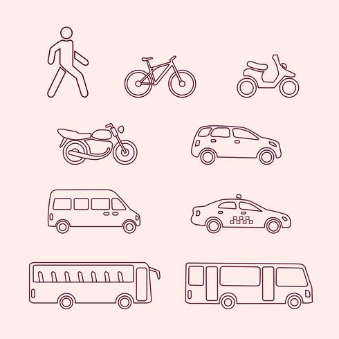 Transport ikoner av fotgängare, cykel, scooter, taxi, buss vektor