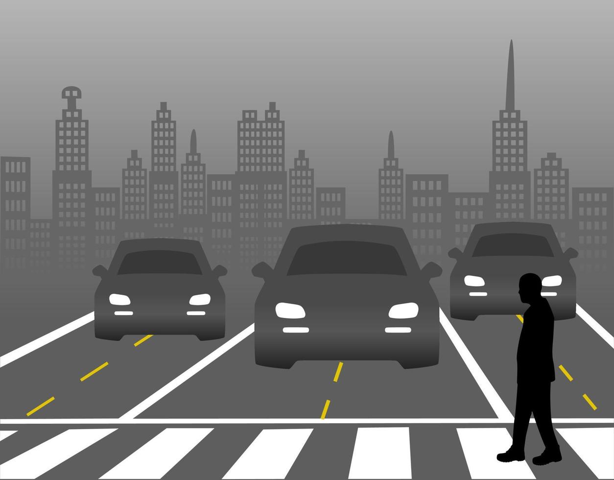 Autos vorsichtiges Fahren. Verkehrssicherheit. Pass auf, dass Leute die Straße überqueren. für Personen, die Zebrastreifen benutzen, um Unfälle zu vermeiden und die Verkehrsregeln einzuhalten. Symbole, Schritte zum Erfolg. vektor