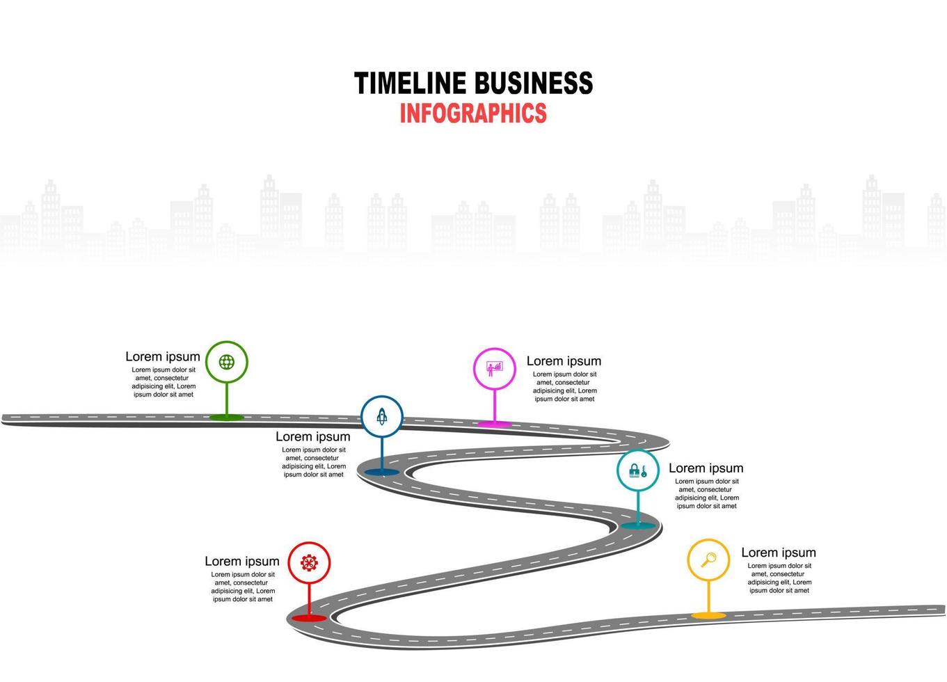 Vektorvorlage Infografik Zeitleiste der Geschäftstätigkeit mit Flaggen und Platzhaltern auf kurvigen Straßen. Symbole, Schritte für eine erfolgreiche Geschäftsplanung geeignet für Werbung und Präsentationen vektor