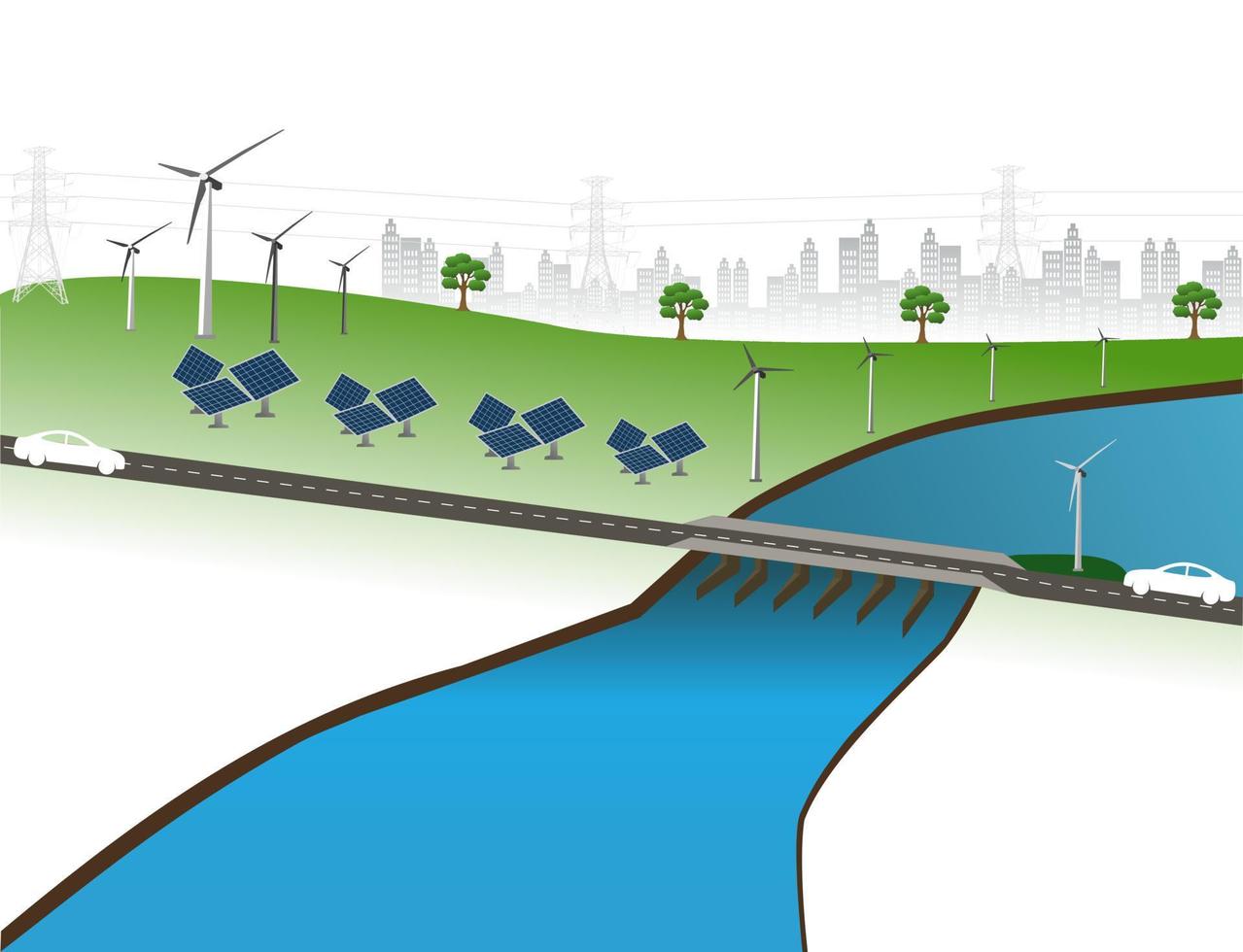 Stromerzeugungssystem erneuerbare saubere Energie aus der Natur, wie Wind-, Solar-, Wasserenergie, kann zur Stromerzeugung verwendet werden vektor