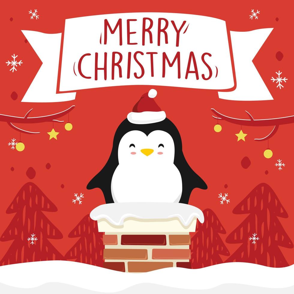 Pinguin Cartoon Schornstein Frohe Weihnachten Band Banner Weihnachten Vektor Rot