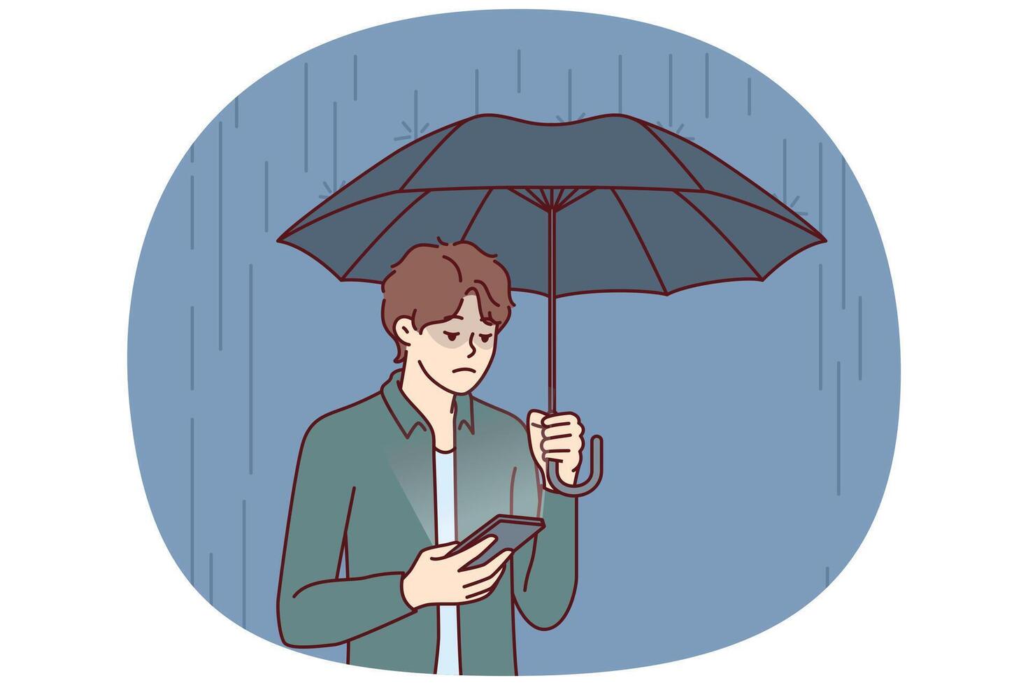 ledsen man med paraply står i regn och läser SMS i telefon från flickvän vägrade till komma på datum vektor