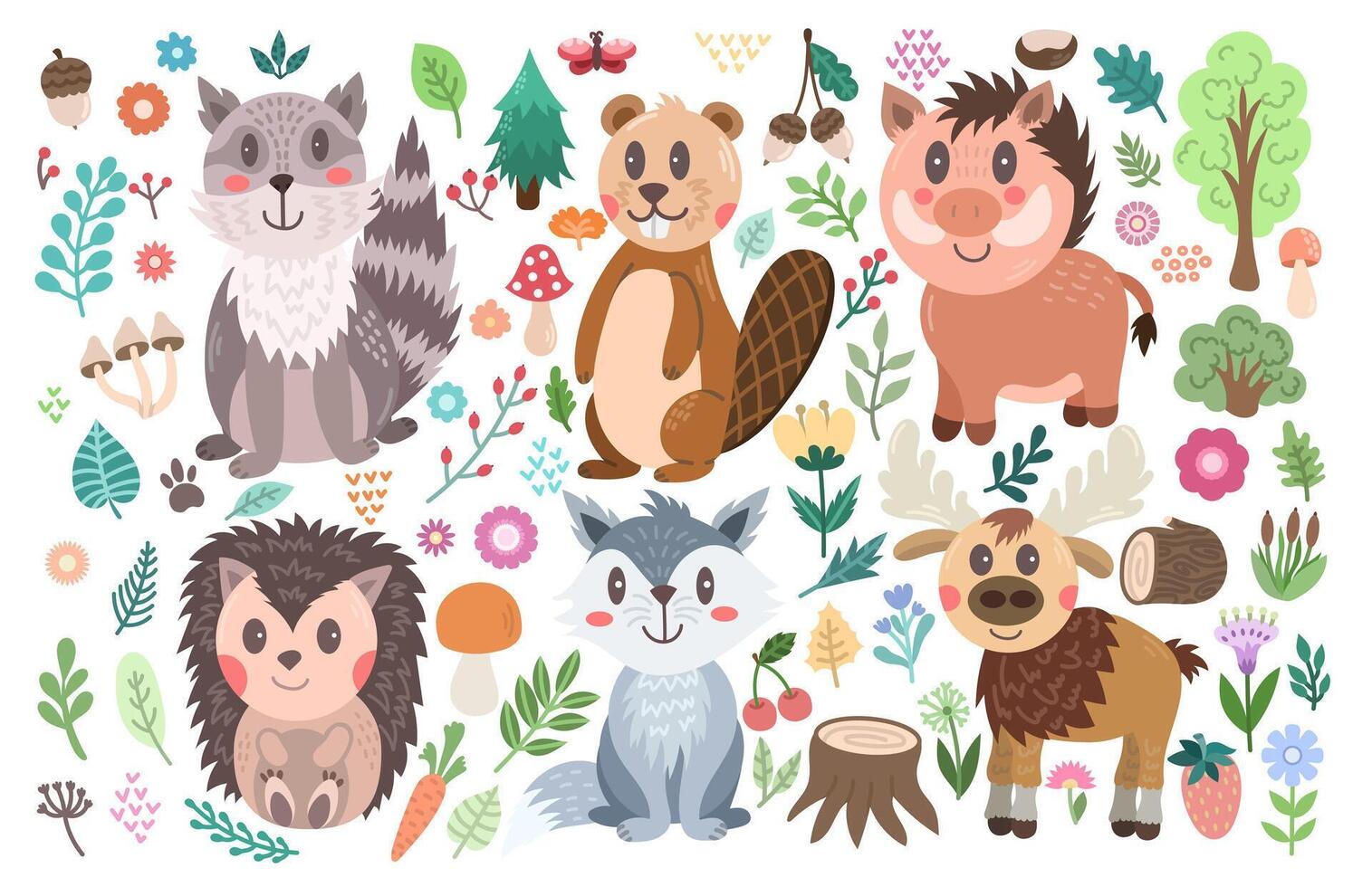 ein groß einstellen mit Wald Tiere - - Wolf, Biber, wild Eber, Igel, Elch und Waschbär. Kinder- Illustration eben Stil vektor