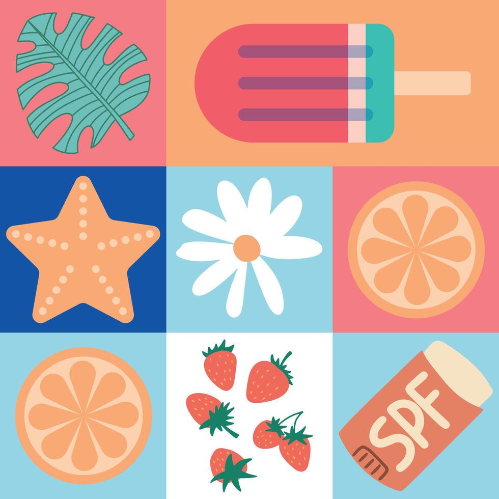 geometrisk sommar bakgrunder med enkel former och siffror formning solglasögon, dryck, apelsin, vattenmelon, ananas, is grädde och Övrig sommar symboler.affischer, flygblad, banners för omslag, webb, tryck. vektor