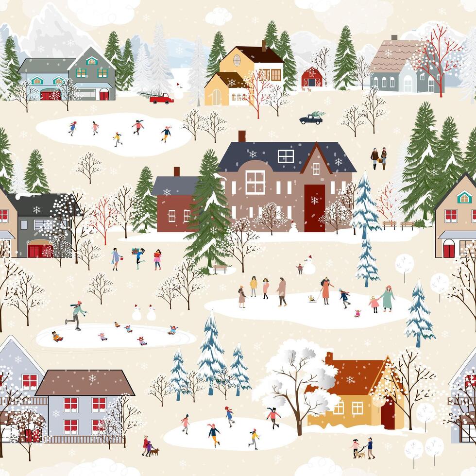 vinter- mönster, jul bakgrund, vinter sagoland landskap stad med tall träd, söt hus, människor spelar is skridsko, design familj firande i by på ny år afton, jul Semester 2025 vektor