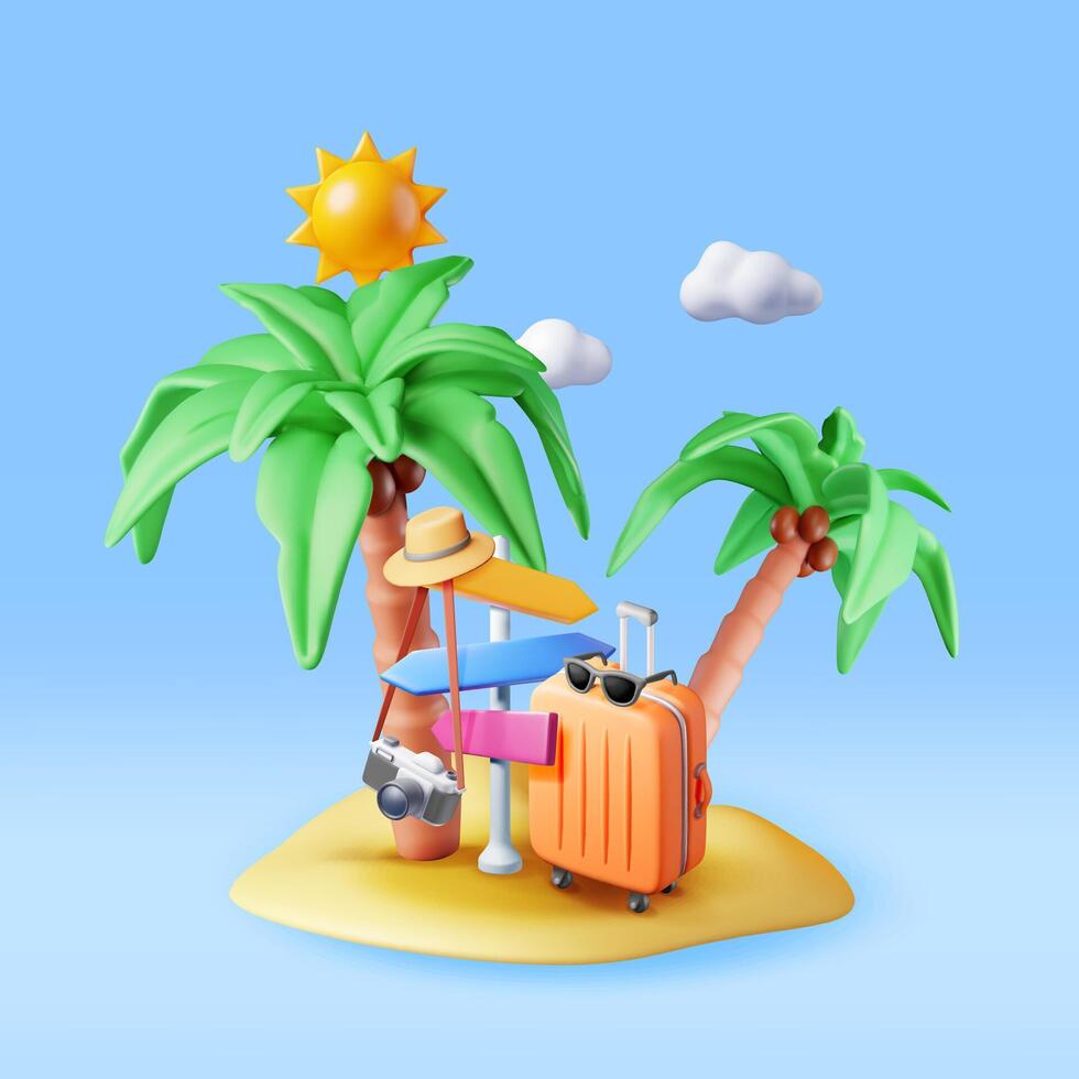 3d Insel mit Reise Tasche, Palme Baum und Zeiger. machen Foto Kamera, Koffer und tropisch Ufer. Reise Element. Urlaub oder Urlaub. Sommer- Transport Konzept. Illustration vektor