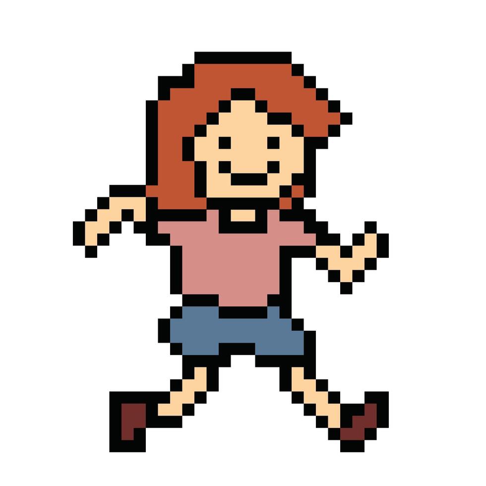 söt pixel tecknad serie 8bit karaktär kvinna springa eller löpning livsstil för dekoration liv stil 8 bit kvinna flicka maraton övning kondition . vektor