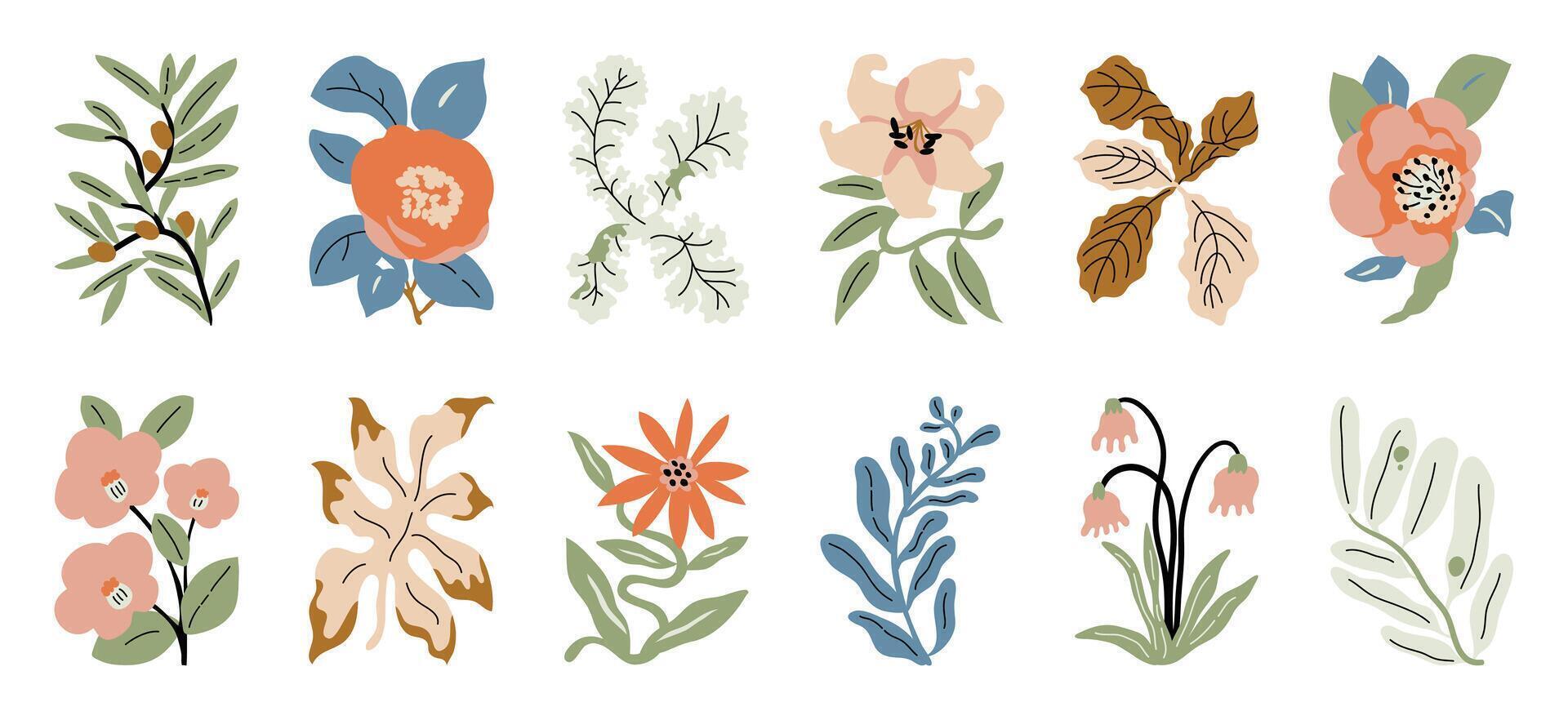 botanisk klotter bakgrund uppsättning. blomma och löv abstrakt form klotter konst design för skriva ut, tapet, ClipArt, vägg konst för Hem dekoration. vektor