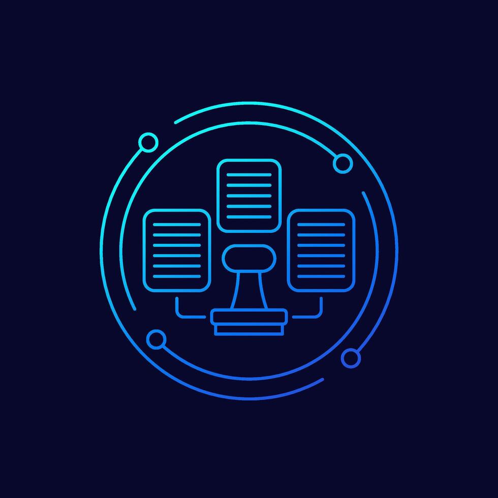 notarius publicus ikon med dokument och en stämpel, linjär design vektor