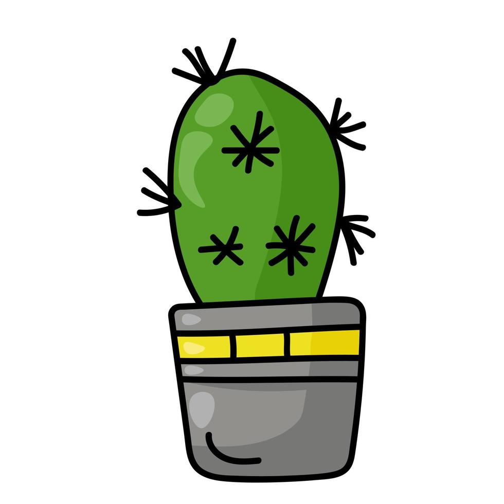 dorniger Kaktus im grauen Topf mit hellem Streifen, Hauspflanzensukkulen im Doodle-Stil vektor