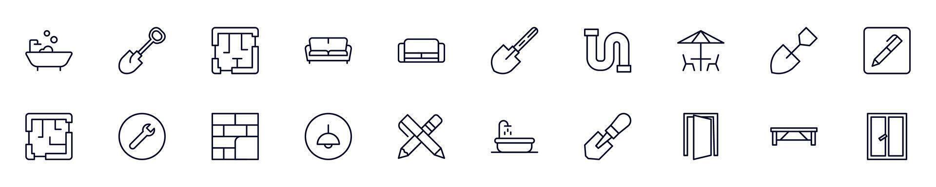 uppsättning av symboler av hus, reparera, renovering. redigerbar stroke. enkel översikt tecken den där perfekt för banderoller, infografik, webb webbplatser vektor