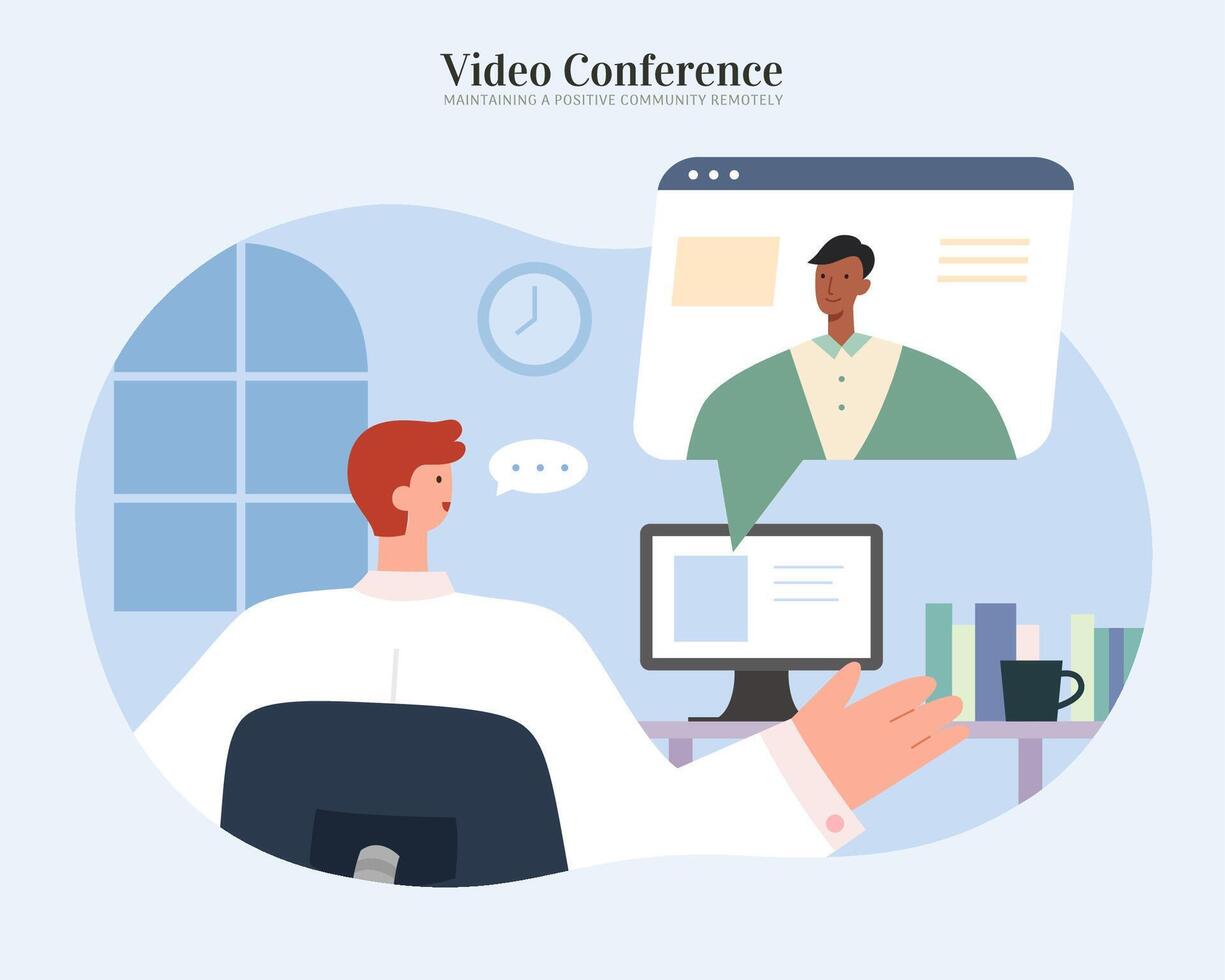 Mann Sitzung beim Computer zu Konferenz mit Klient oder Mannschaft Mitglieder. eben Illustration, Konzept von online treffen, Daten Forschung und Webinar. vektor