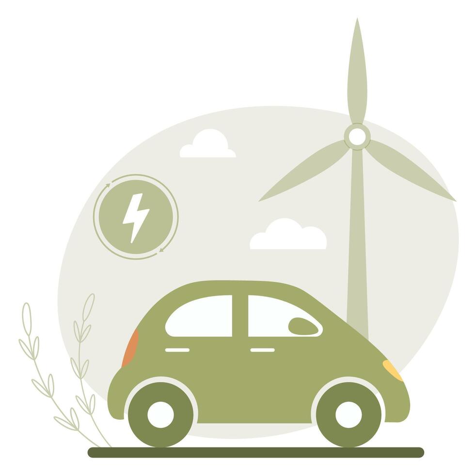 Grün elektrisch Wagen. ökologisch Laden mit Öko Energie von Windmühlen. Grün Umwelt Konzept vektor
