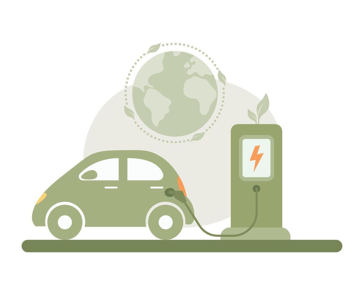 grön elektrisk bil laddning i de station. grön miljö- begrepp. illustration. vektor