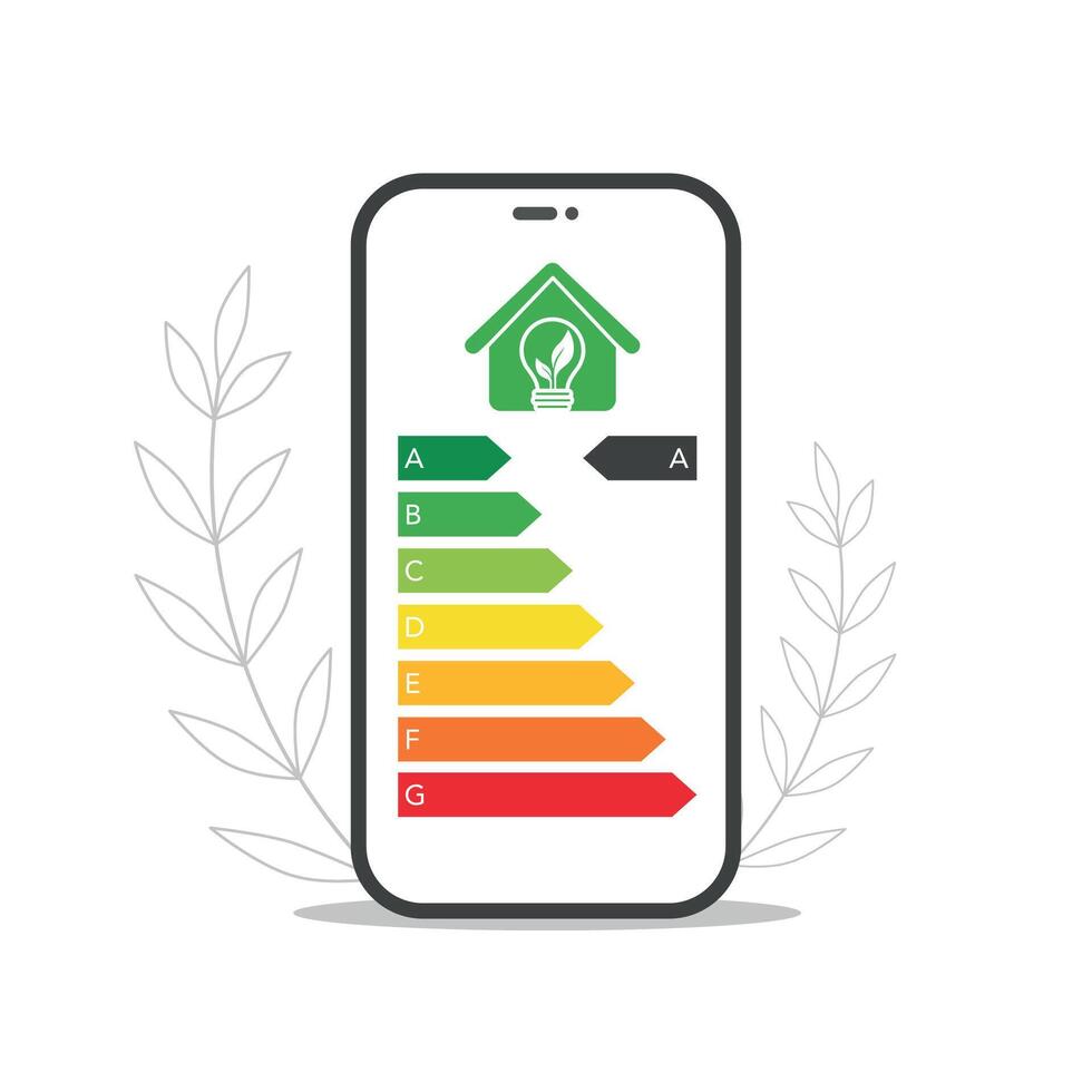 telefon skärm med energi effektivitet betyg på skärm. spara energi begrepp. övervakning och kontrollera av energi konsumtion via app vektor