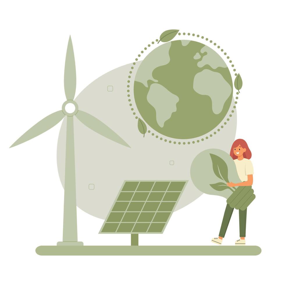 spara jord och energi begrepp. grön energi med väderkvarnar. kvinna med glödlampa med löv. vektor