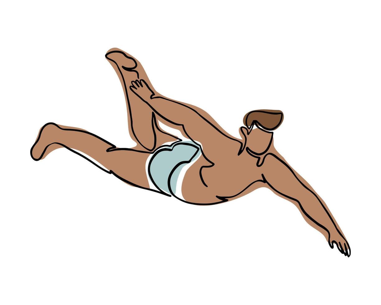 Schwimmen Mann Zeichnung im Boho Stil. Hand gezeichnet Single Linie Symbol von männlich Körper tun Übungen im Wasser. Kontur Komposition isoliert auf Weiß Hintergrund. vektor