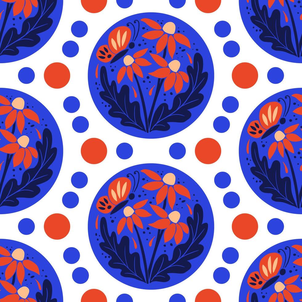 abstrakt blommig mönster med runda illustration på vit bakgrund. platt hand dragen skära ut blommor, löv i ljus färger. unik retro skriva ut design för textil, tapet, interiör, omslag vektor