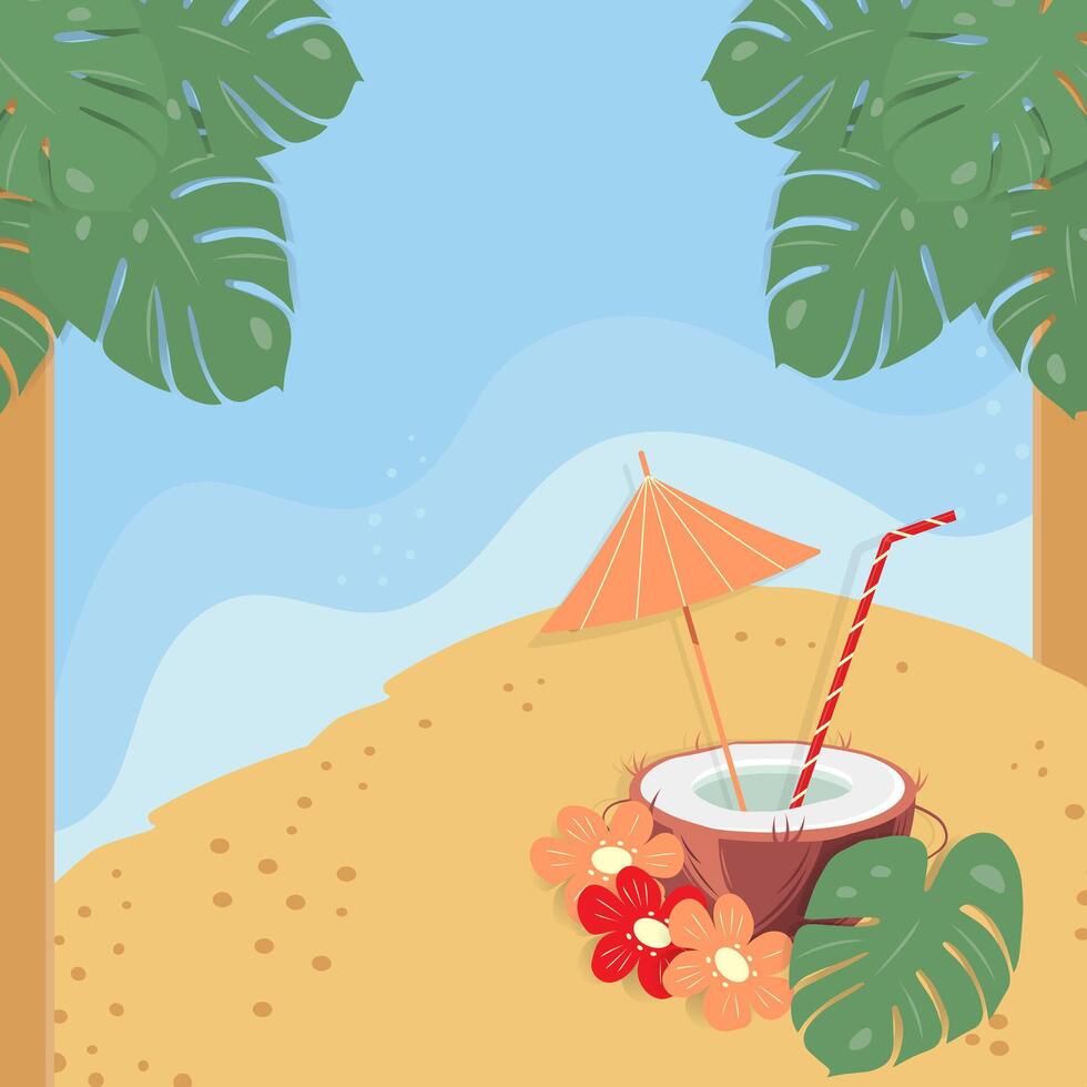 dryck i halv kokos med cocktail sugrör, paraply inuti, blommor och monstera blad på de strand vektor