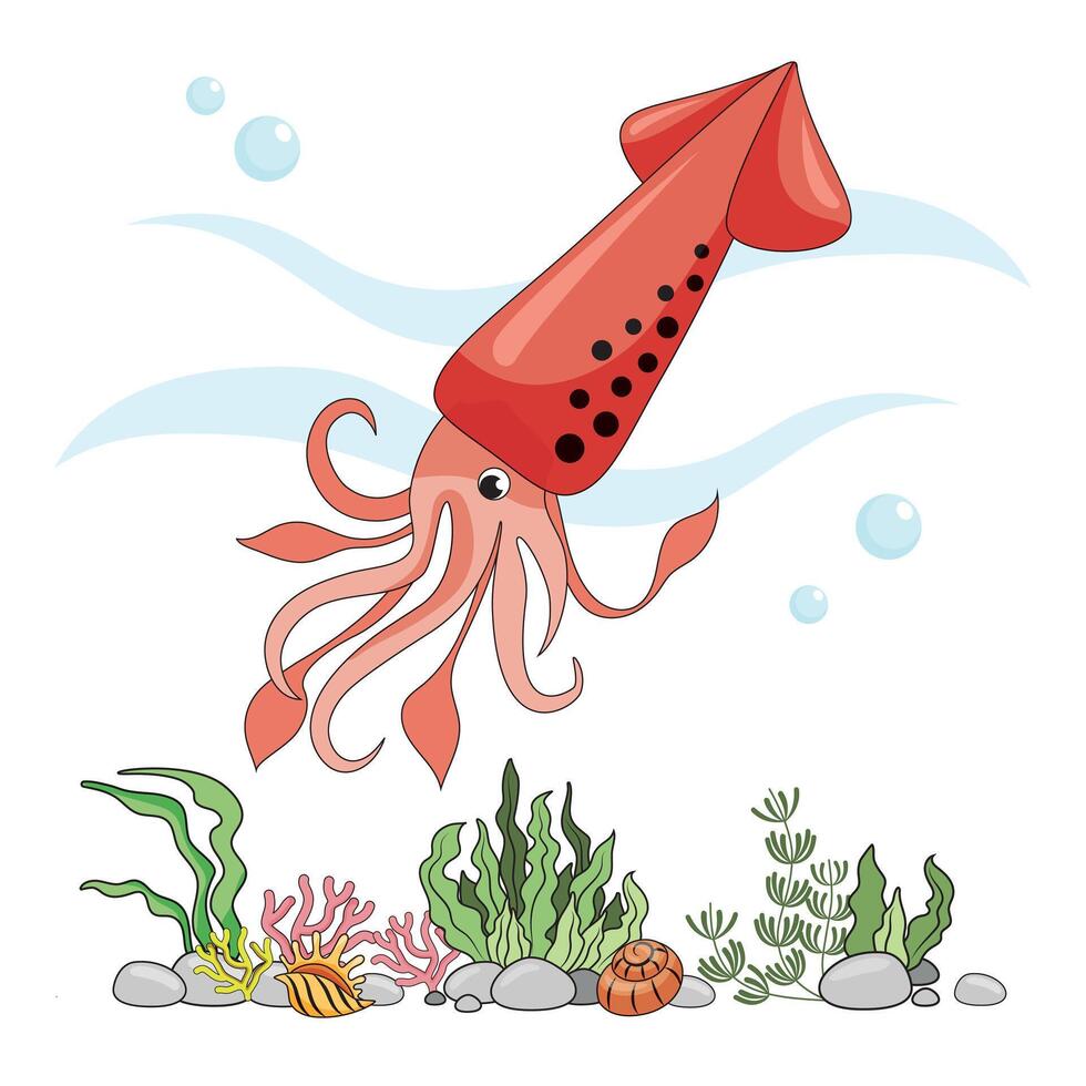 Zahl Tintenfisch. isoliert Tintenfisch auf ein Weiß Hintergrund, Meer Unterseite. Farbe Illustration im das Stil von Karikatur. Meeresboden mit Algen, Muscheln und Korallen vektor