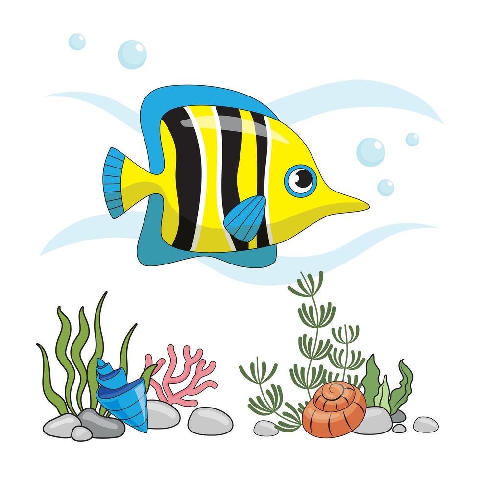 Fisch. isoliert Fisch auf ein Weiß Hintergrund, Meeresboden. Cartoon-Stil Farbe Illustration. Meer Unterseite mit Algen, Muscheln und Korallen vektor