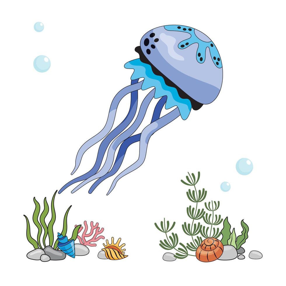 manet. isolerat blå manet på en vit bakgrund, hav botten. Färg illustration i de stil av tecknad serie. havsbotten med alger, skal och koraller vektor