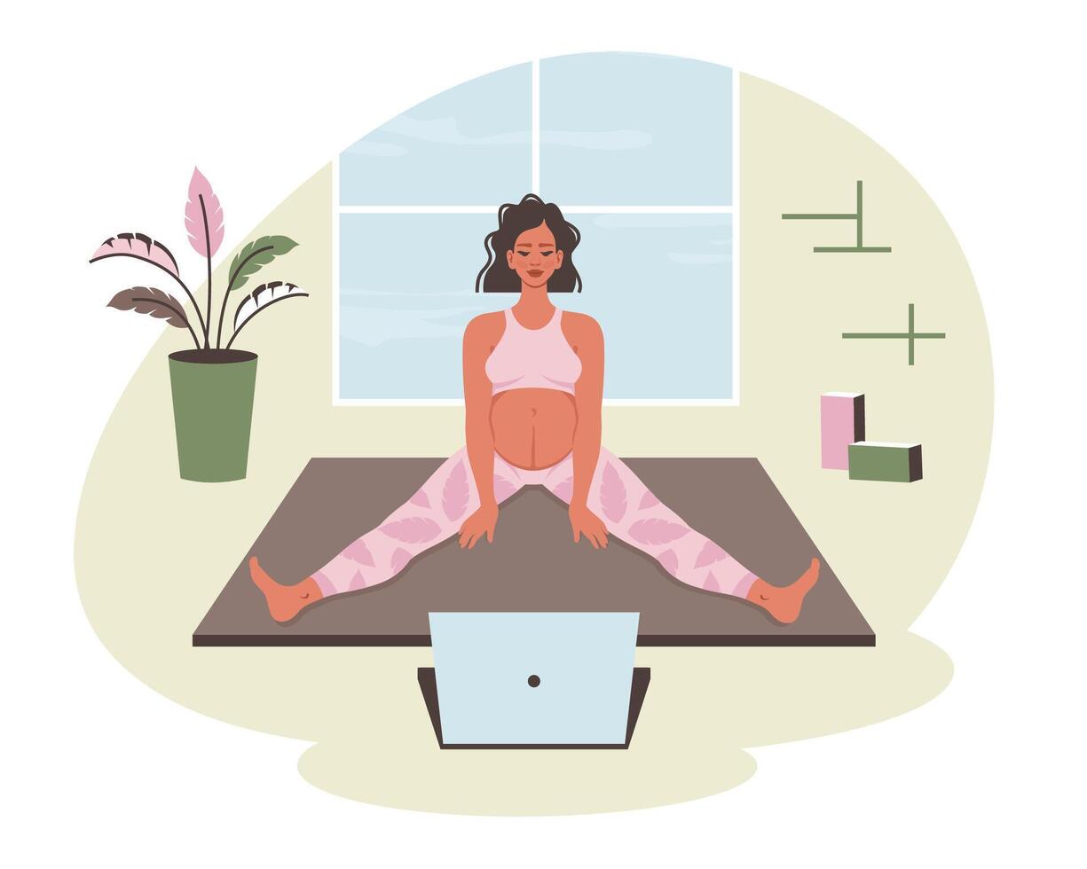 gravid yoga. gravid kvinna håller på med yoga på Hem. framtida mor håller på med övningar, meditation, pilates, andas öva uppkopplad. friska livsstil, kroppsvård, vård för framtida barn. illustration vektor