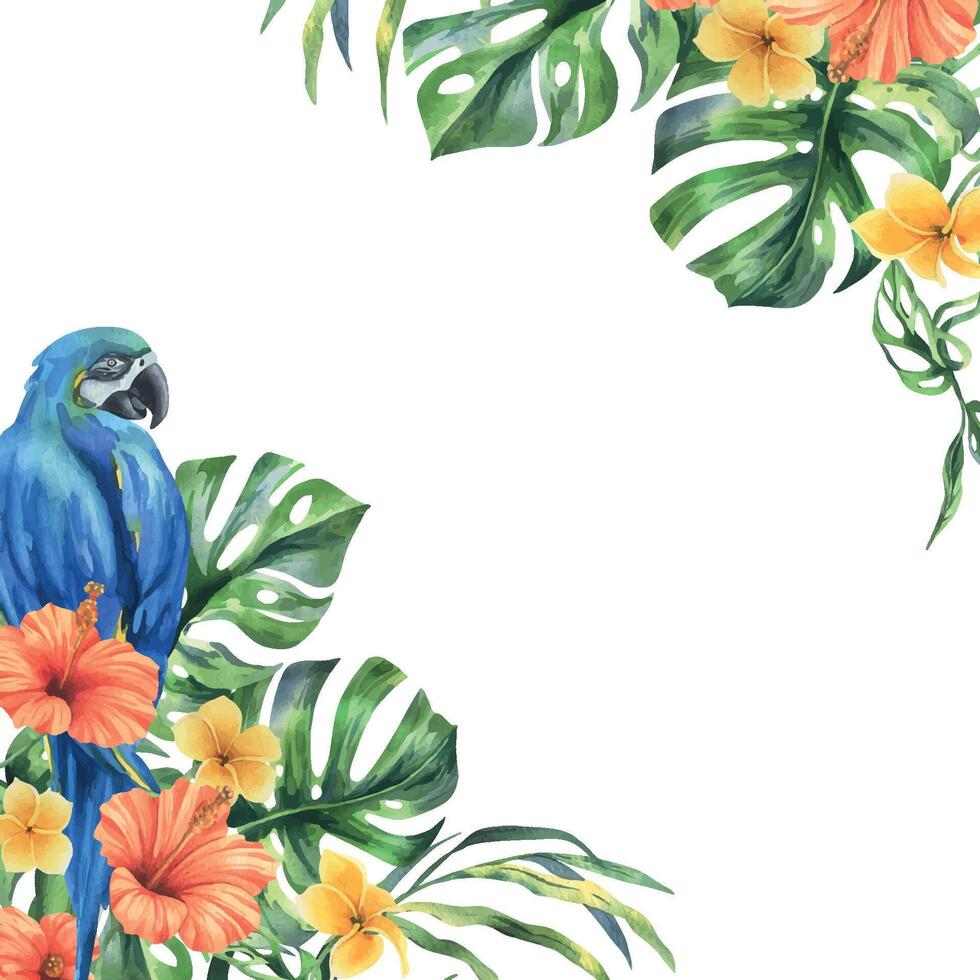 tropisk handflatan löv, monstera och blommor av plumeria, hibiskus, ljus saftig med blå-gul ara papegoja. hand dragen vattenfärg botanisk illustration. mall ram isolerat från de bakgrund. vektor
