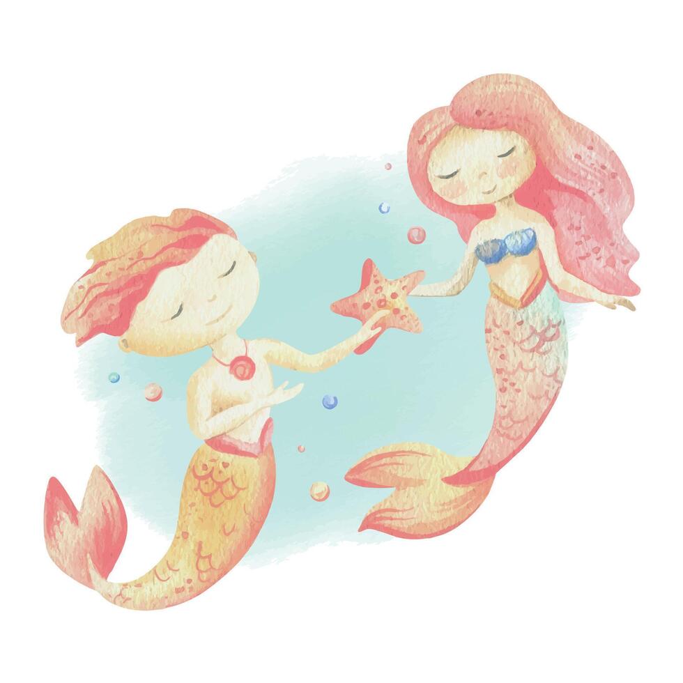 par av mermaids pojke och flicka med sjöstjärna och bubblor. vattenfärg illustration hand dragen med pastell färger turkos, blå, mynta, korall, persika, rosa. sammansättning isolerat från bakgrund. vektor