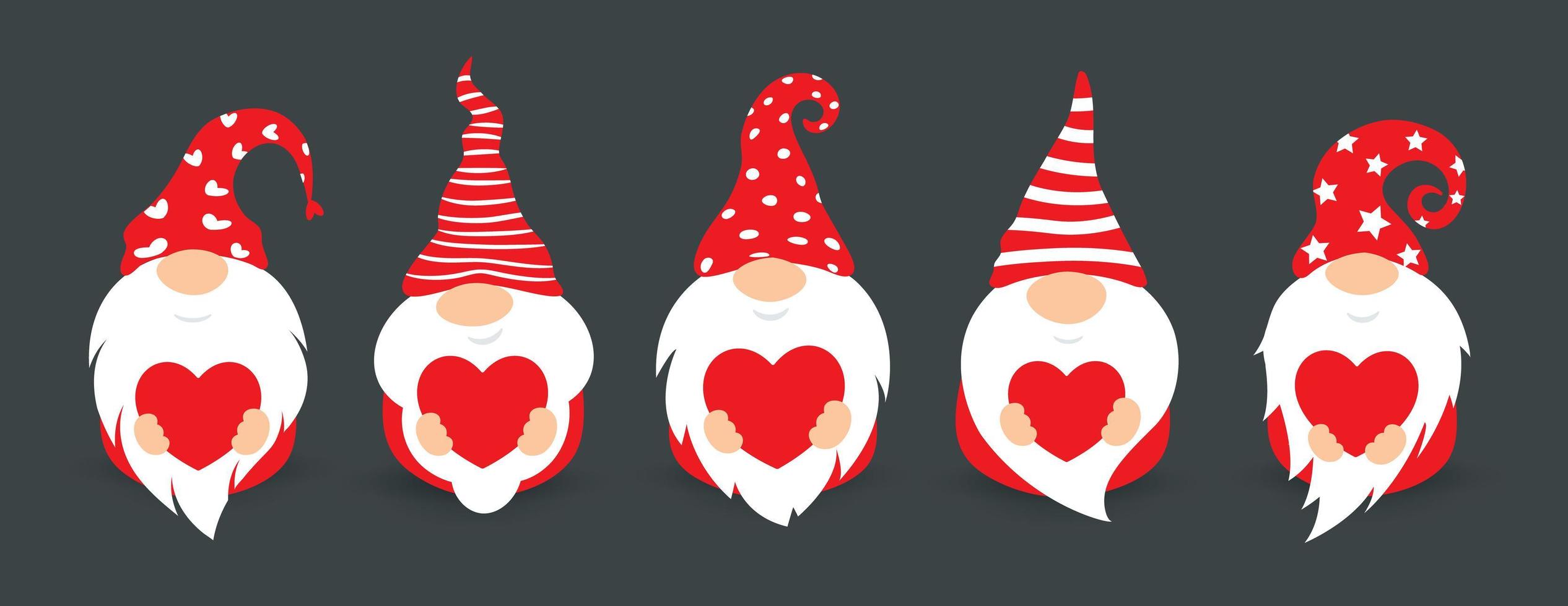 süße Gnome in roten Hüten, flache Cartoon-Stil-Vektor-isolierte Symbole. kleine Gnome mit großem Bart und rotem Herz, lustige Figuren zum Dekorieren von Postkarten oder Valentinstag vektor