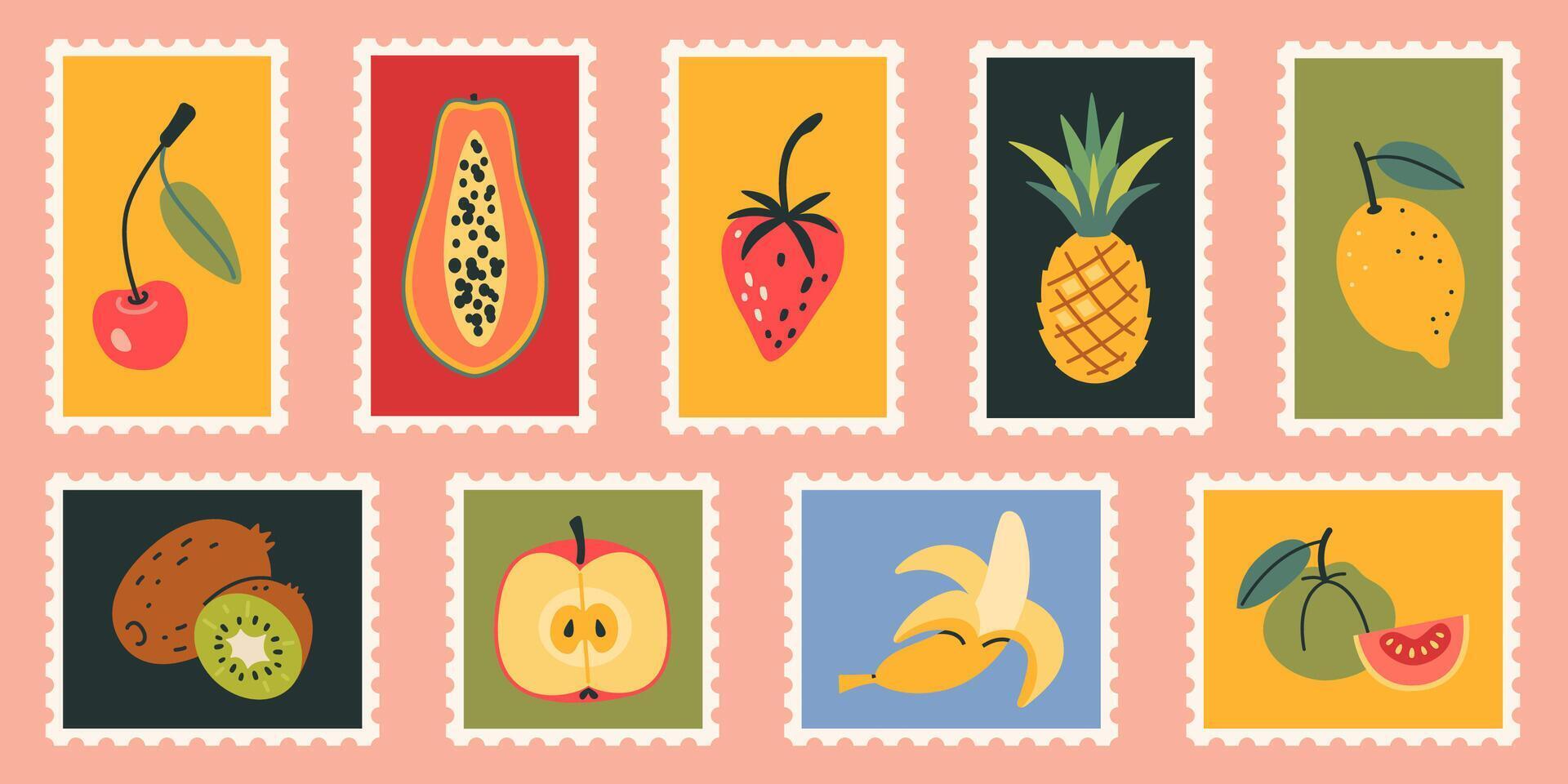 süß handgemalt Post Briefmarken mit exotisch tropisch Früchte mögen Papaya, Kirsche, Banane, Kiwi und Ananas. komisch hell Aufkleber Satz. modisch modern Illustrationen im Karikatur Stil, eben Design vektor